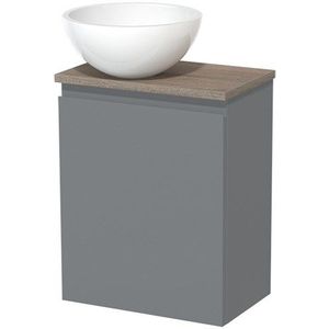Toiletmeubel met waskom | 41 cm Middengrijs Greeploos front Hoogglans wit Mineraalmarmer waskom Eiken blad