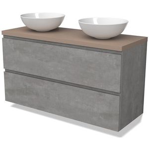 Modulo Plato Badkamermeubel voor waskom | 120 cm Lichtgrijs beton Greeploos front Taupe blad 2 lades onder elkaar