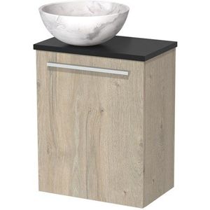 Toiletmeubel met waskom | 41 cm Lichtgrijs eiken Vlak front Wit marmer Natuursteen waskom Mat zwart blad