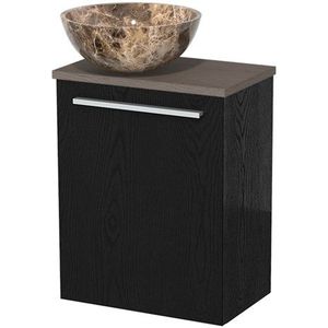Toiletmeubel met waskom | 41 cm Zwart eiken Vlak front Dark emperador Natuursteen waskom Donkerbruin eiken blad