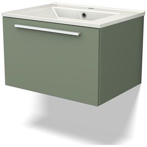 Modulo Badkamermeubel met wastafel | 60 cm Saliegroen Vlak front Keramiek 1 lade