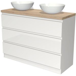 Modulo Plato Badkamermeubel voor waskom | 120 cm Hoogglans wit Greeploos front Lichtbruin eiken blad 3 lades staand