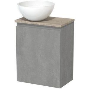 Toiletmeubel met waskom | 41 cm Lichtgrijs beton Greeploos front Hoogglans wit Mineraalmarmer waskom Lichtgrijs eiken blad