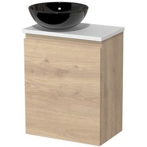 Toiletmeubel met waskom | 41 cm Lichtbruin eiken Greeploos front Hoogglans zwart Keramiek waskom Mat wit blad