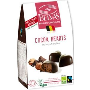 Belvas Chocolade hartjes met hazelnoot praline (biologisch) 100g