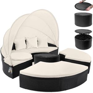 Polyrotan zonne-eiland Zwart/Crème Ø185cm incl Bijzettafel