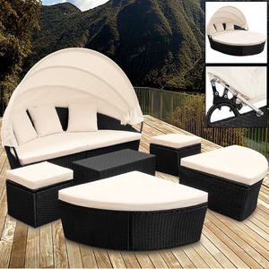 Casaria Polyrattan Zonne-Eiland XXL - Kussens & Luifel – Zwart Crème