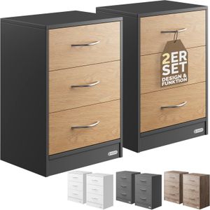 Casaria - Eloise Nachtkastje - Set van 2 - Grijs - Hout - 3 Lades