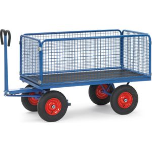 Industrie aanhanger fetra handtrekwagen met 4 wanden, van draadgaas L:2350,B:1050,H:1200mm blauw Laadvermogen (kg): 1250.