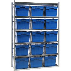 Stellingen met bakken combinatieset legbordstelling incl. 15 stapelbakken met deksel ,B:1340,D:600,H:2000mm zink. 72ltr