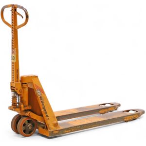 Gebruikte Handpallettruck standaard vorklengte 1150 mm hefhoogte 85-200 mm  - L:1500 x B:520 x H:1140mm - Geel