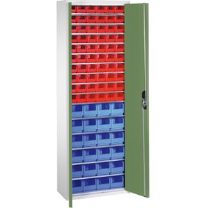 Bakkenkasten met 2 draaideuren en 84 magazijnbakken ,B:700,D:300,H:1980mm groen