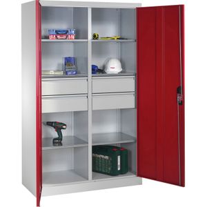 Materiaalkasten met 2 draaideuren, 6 etages en 4 laden ,B:1200,D:500,H:1950mm rood