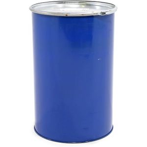 Gebruikte stalen wijdhalsvat 210 liter L:600,B:600,H:880mm blauw. 210ltr