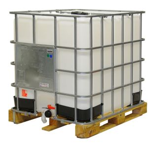 Gebruikte IBC Container vloeistofcontainer 1000 ltr UN-gekeurd refurbished L:1200,B:1000,H:1150mm transparant. 1000ltr