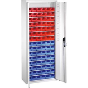 Bakkenkasten met 2 draaideuren en 90 magazijnbakken ,B:700,D:300,H:1690mm grijs