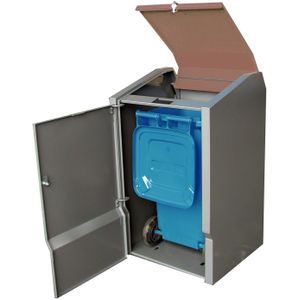 Minicontainer ombouw voor 240 liter afvalcontainers  met afsluitbare inwerpklep met gasdrukveren L:735,B:750,H:1245mm grijs. 240ltr