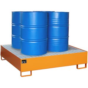Stalen lekbakken opvangbak voor vaten voor 1-4 200 l vaten L:1460,B:1460,H:355mm oranje Laadvermogen (kg): 855.