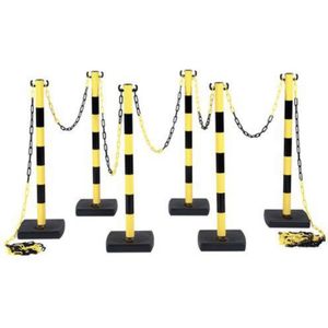 Afbakening Veiligheid en markering, combinatieset 6 staanders op voet, compleet met 12 m ketting en haken (zwart/geel) .