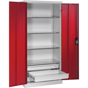 Materiaalkasten met 2 draaideuren, 4 etages en 3 laden ,B:930,D:500,H:1950mm rood