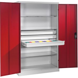 Materiaalkasten met 2 draaideuren, 3 etages en 3 laden ,B:1200,D:400,H:1950mm rood
