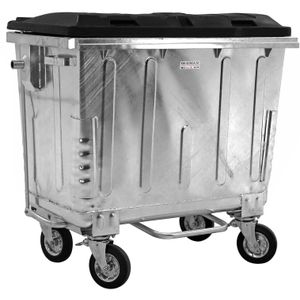 Afvalcontainer voor DIN-opname met scharnierend deksel en voetpedaal L:1370,B:780,H:1245mm zink. 660ltr