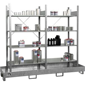 Stellingen rekken met opvangbakken basisrek en aanbouwrek met 4 vakniveaus (2x4 legborden+opvangbak) L:2400,B:800,H:2250mm zink