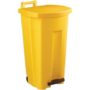 Afvalbak kunststof afvalbak met deksel op pedaalframe L:510,B:510,H:895mm geel. 90ltr