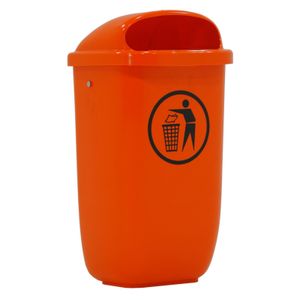 Buitenafvalbak met paalbevestiging kunststof afvalbak deksel met inwerpopening L:335,B:420,H:740mm oranje. 50ltr