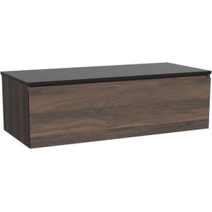 Storke Edge zwevend badmeubel 120 x 52 cm notenhout met Panton enkel of dubbel wastafelblad in gepoedercoate mdf mat zwart