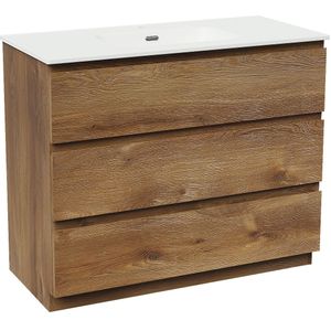 Linie Lado staand badmeubel 100 x 46 cm bruin eiken met Baro enkele wastafel in porselein mat wit