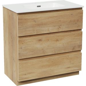 Linie Lado staand badmeubel 80 x 46 cm naturel eiken met Baro enkele wastafel in porselein hoogglans wit