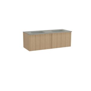 Balmani Forma zwevend badmeubel 135 x 55 cm naturel eiken met Tablo Arcato dubbele wastafel in solid surface steengrijs Verticale asymmetrische ronde ribbel