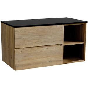 Storke Edge zwevend badmeubel 100 x 52 cm ruw eiken met Panton enkel wastafelblad in gepoedercoate mdf mat zwart