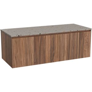 Balmani Fila zwevend badmeubel 135 x 55 cm notenhout met Stretto enkel of dubbel wastafelblad in terrazzo greige terrazzo, Verticale symmetrische rechte ribbel