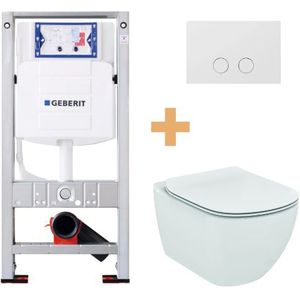 Ideal Standard Tesi hangend toilet hoogglans wit randloos met Geberit UP320 Sigma inbouwreservoir, Burda frame en bedieningspaneel