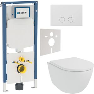 Luca Varess Moreno hangend toilet mat wit randloos SilentFlush met Geberit Systemfix UP720 Sigma inbouwreservoir en bedieningspaneel