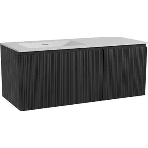 Storke Ribs zwevend badmeubel 120 x 52 cm zwart eiken met Mata asymmetrisch linkse wastafel in solid surface mat wit, Verticale asymmetrische rechte ribbel