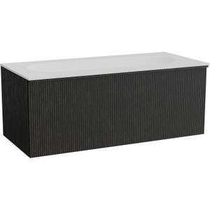 Balmani Forma zwevend badmeubel 120 x 55 cm zwart eiken met Tablo Oval enkele wastafel voor 2 kraangaten in solid surface mat wit, Verticale symmetrische rechte ribbel