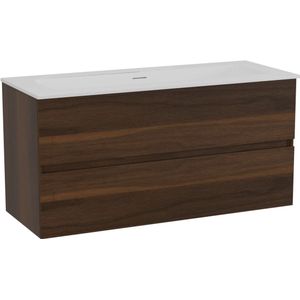 Storke Edge zwevend badmeubel 100 x 40 cm notenhout met Mata enkele wastafel voor 2 kraangaten in solid surface mat wit