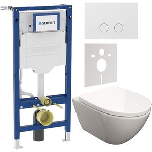 Luca Varess Moreno hangend toilet hoogglans wit randloos met Geberit UP320 Systemfix inbouwreservoir en bedieningspaneel