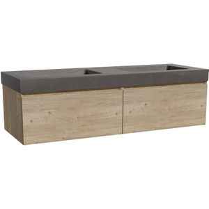 Storke Edge zwevend badmeubel 150 x 52 cm ruw eiken met Scuro High dubbele wastafel in kwarts mat zwart