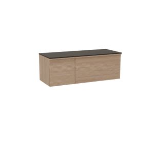 Balmani Forma zwevend badmeubel 135 x 55 cm naturel eiken met Sfera enkel of dubbel wastafelblad in melamine eucalyptus Horizontale symmetrische rechte ribbel