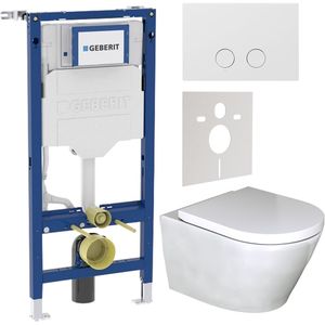 Luca Varess Calibro hangend toilet hoogglans wit randloos met Geberit UP320 Systemfix inbouwreservoir en bedieningspaneel