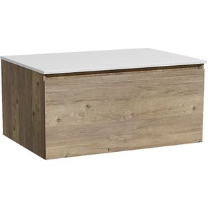 Storke Edge zwevend badmeubel 75 x 52 cm ruw eiken met Tavola enkel wastafelblad in solid surface mat wit