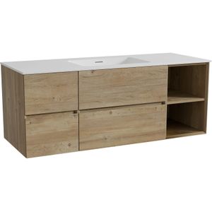 Storke Edge zwevend badmeubel 135 x 52 cm ruw eiken met Mata enkele wastafel in solid surface mat wit