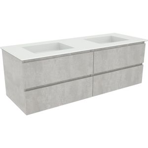 Balmani Lucida zwevend badkamermeubel 150 x 55 cm beton zilvergrijs met Tablo Stretto dubbele wastafel in matte Solid Surface