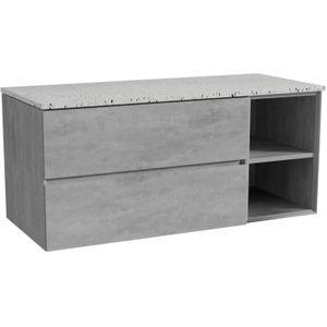 Storke Edge zwevend badmeubel 120 x 52 cm beton donkergrijs met Tavola enkel of dubbel wastafelblad in mat wit/zwart terrazzo