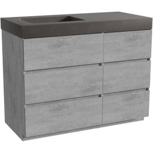 Storke Edge staand badmeubel 110 x 52 cm beton donkergrijs met Scuro High asymmetrisch linkse wastafel in kwarts mat zwart