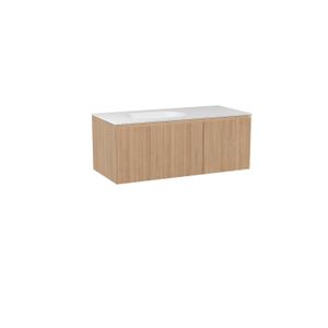 Balmani Fila zwevend badmeubel 120 x 55 cm fineer naturel eiken met Tablo Oval asymmetrisch linkse wastafel in solid surface mat wit Verticale symmetrische rechte ribbel